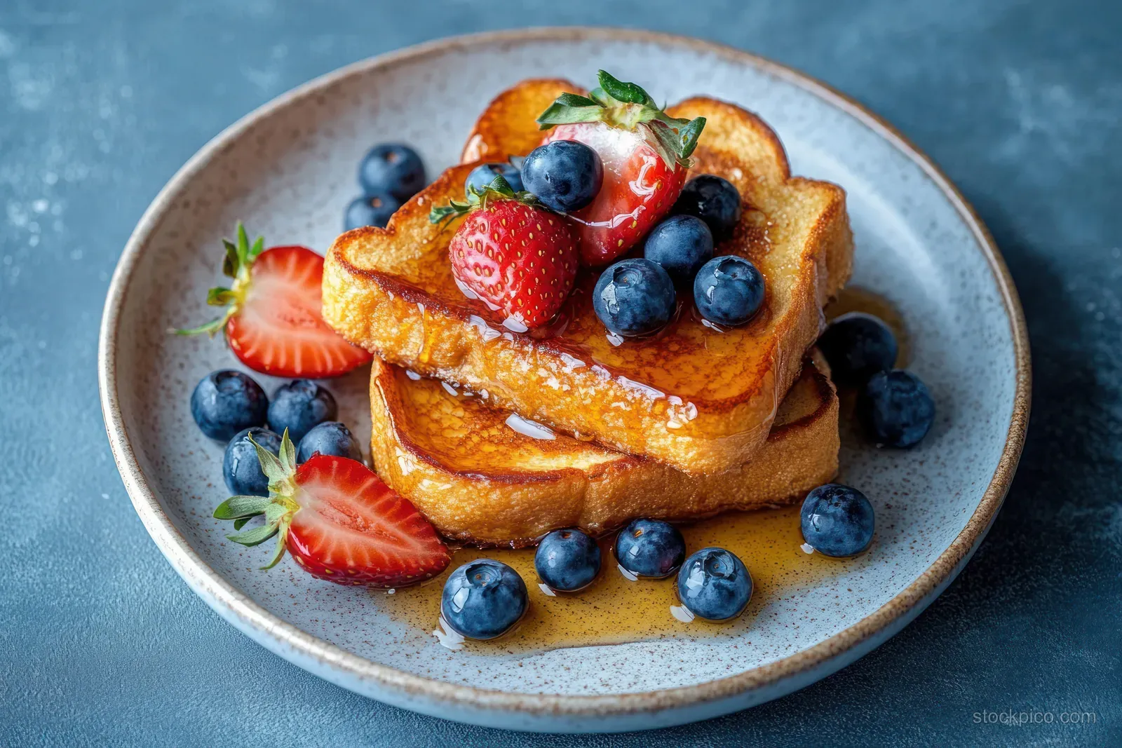 Stacked golden French toast on a blue ceramic plate topped with strawberries and blueberries with syrup.