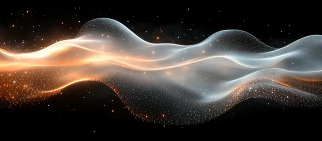 Glowing wavy light ribbons and sparkling particles undulate across a black space background.