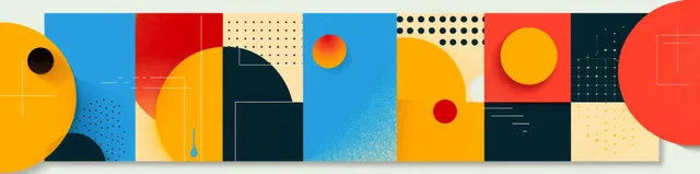 Colorful geometric mosaic banner with circles and rectangles, blue and red blocks