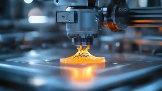 Laser sintering metal powder under a 3D printer nozzle creating a complex lattice part