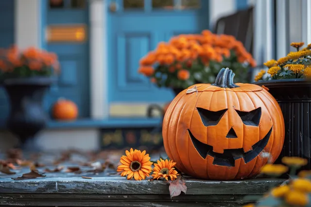 A carved jack o' lantern pumpkin sits on sunny front porch steps near orange flowers and potted plants.