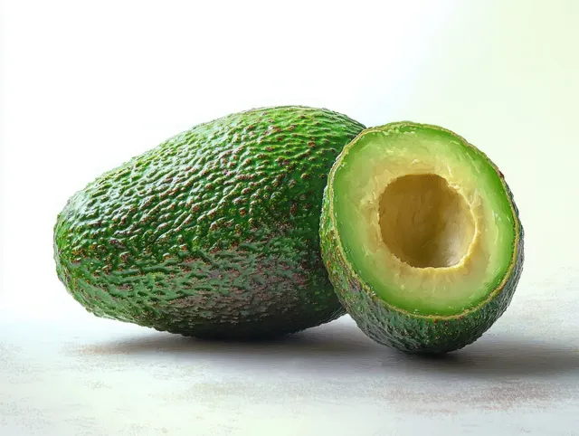 Ripe avocado whole and halved showing vibrant green flesh on a light background