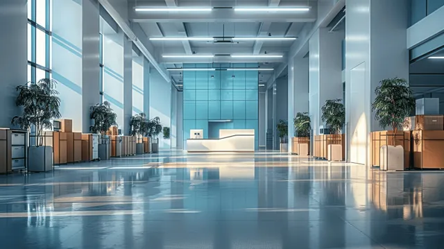 Blue and white hospital reception corridor with central desk, daylight, glossy floor reflections, and potted plants along the sides.