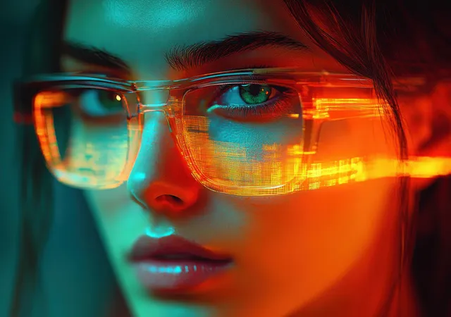 Close-up portrait of a woman with transparent futuristic glasses reflecting neon orange and blue light on her focused face.