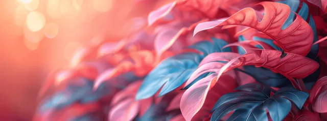 Pastel monstera leaves swirling across pink floral wallpaper background with soft bokeh