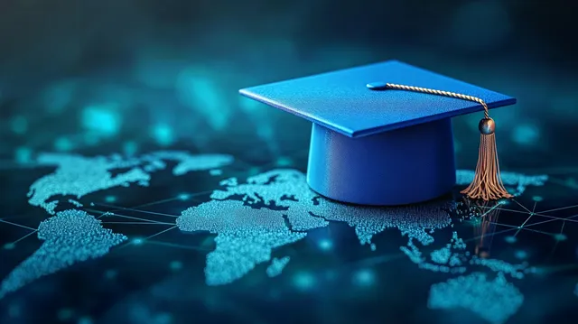 Blue graduation cap with gold tassel on glowing digital world map