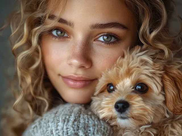 A woman smiles while hugging a fluffy small dog close to her face in warm, soft-focus studio lighting.