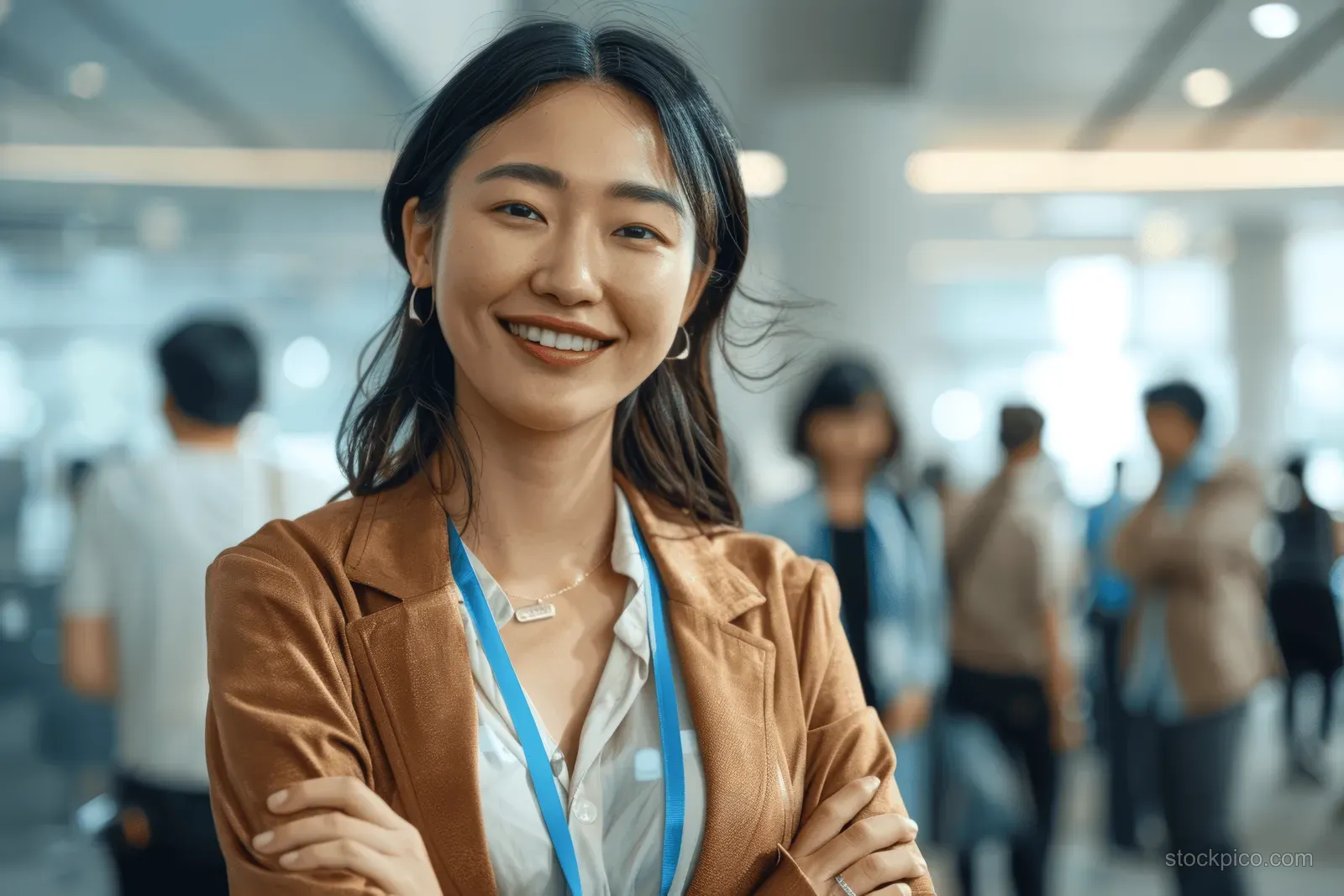 Smiling Asian businesswoman in a brown blazer stands with arms crossed in a modern office while coworkers blur behind her.