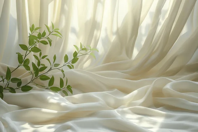 Green leafy branch resting on sheer white drapery under soft daylight