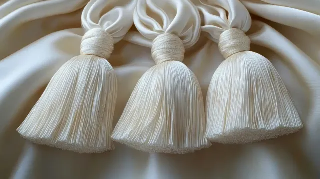 Three cream tassels hang on smooth fabric, showing twisted thread stems and soft fringed tips.
