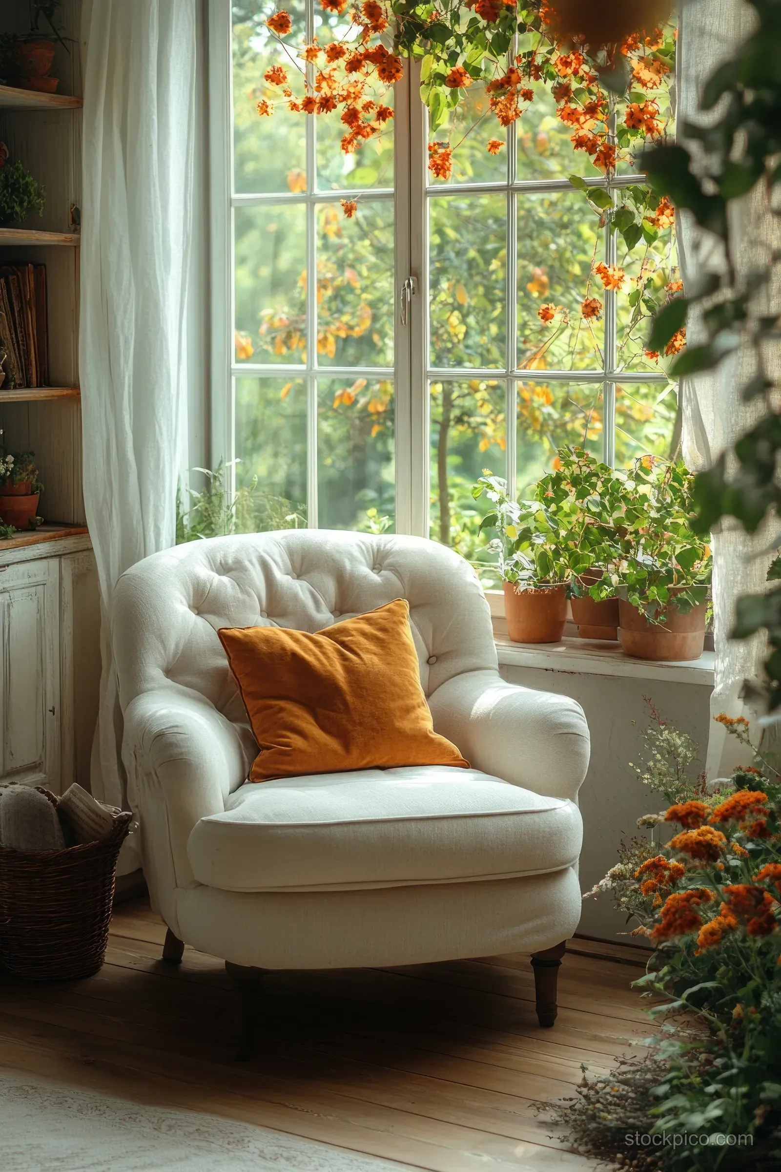 Vintage armchair by a large window with warm pillows and soft natural light through autumn leaves.