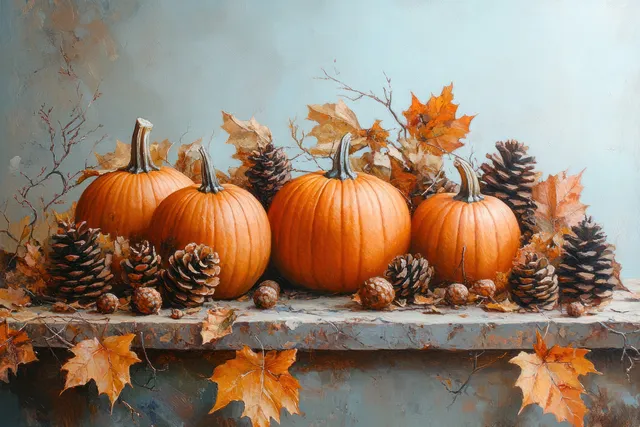 Small pumpkins and pine cones sit on a stone ledge with scattered orange autumn leaves below.