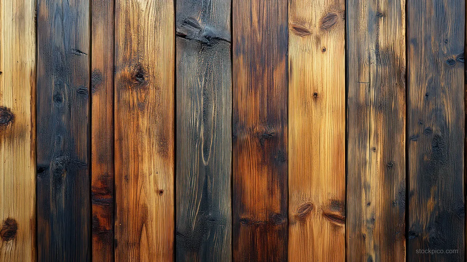 Close-up of weathered wooden planks with visible grain, knots, and warm brown color variations on a wall.
