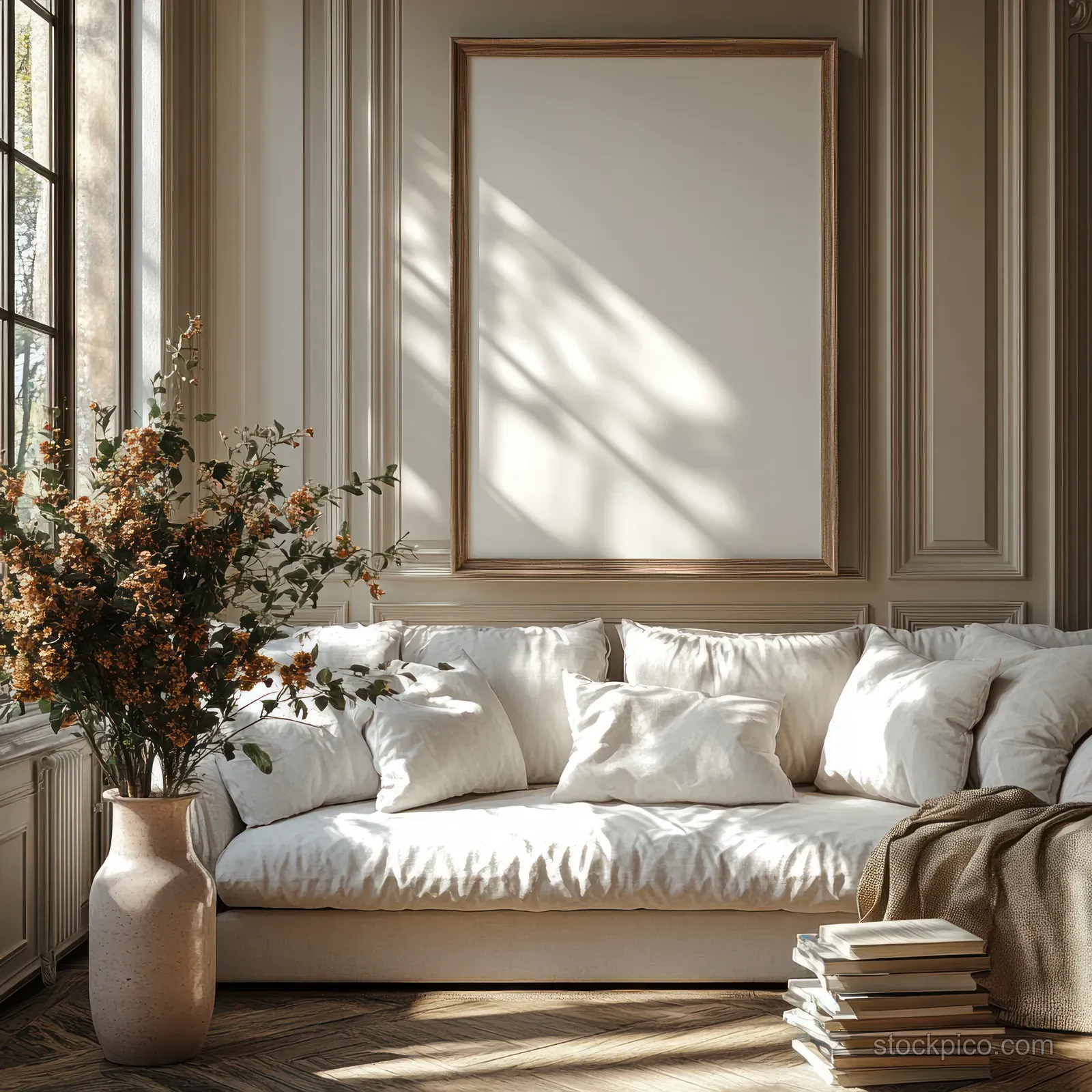 White sofa in a bright minimalist living room with a blank framed wall art and sunlight shadows.