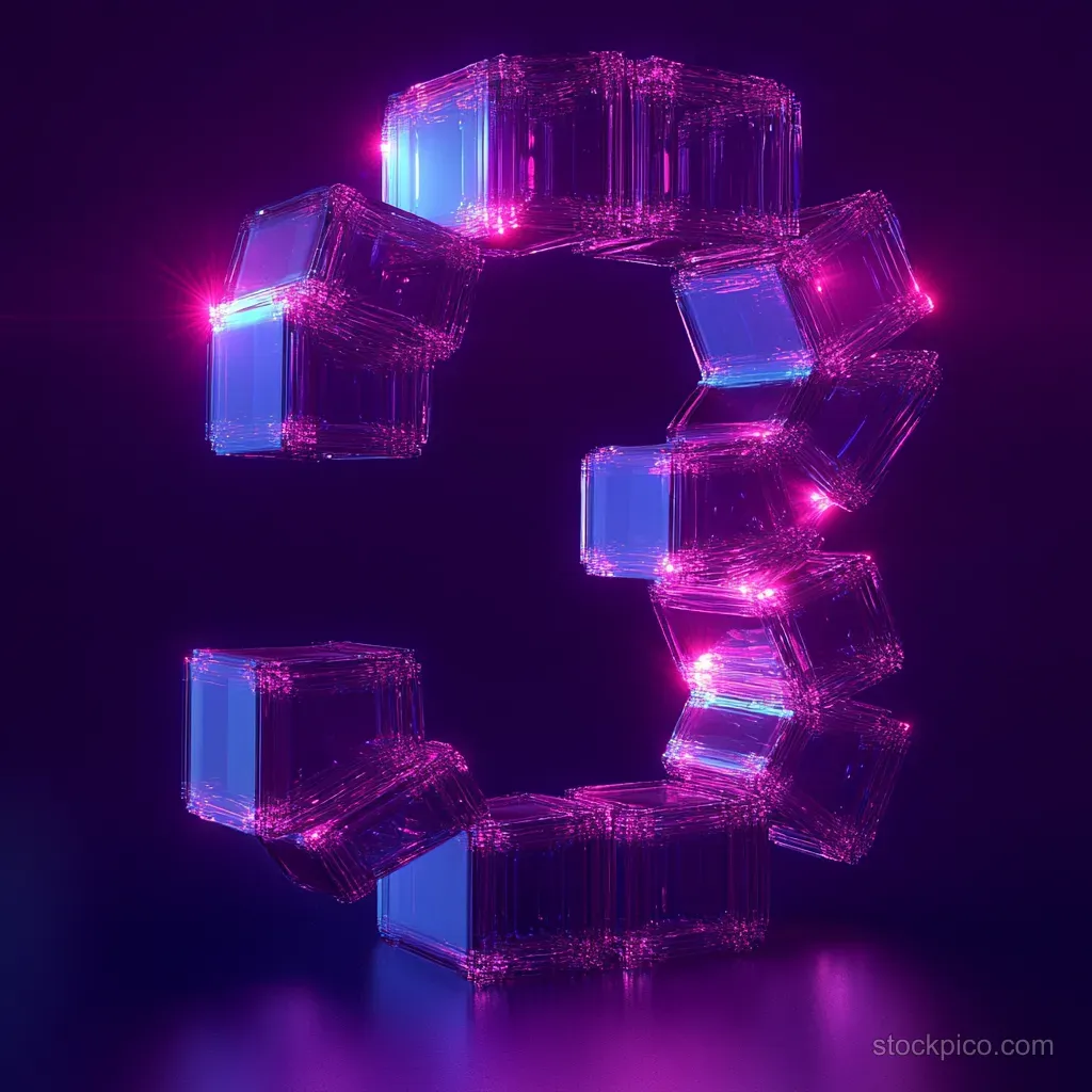 Translucent purple and blue cubes arranged in a glowing circular ring with neon reflections on a dark background.