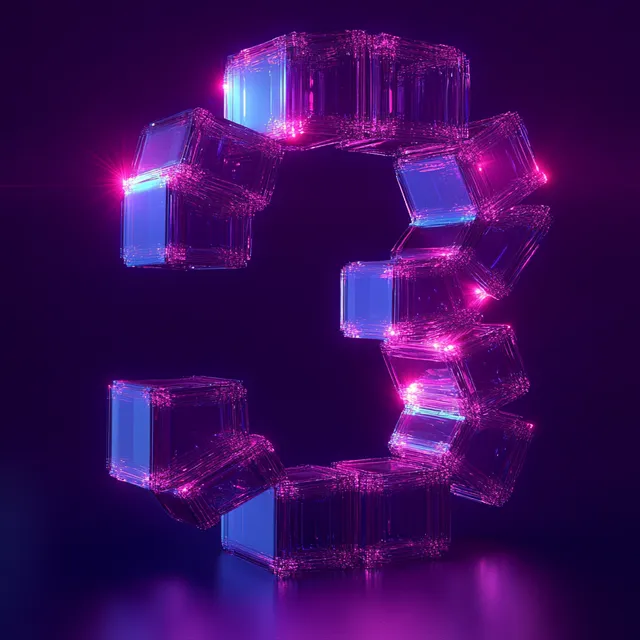 Glowing purple-blue translucent cubes forming a circular digital ring with neon reflections