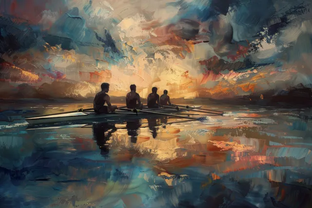 Painted British rowing four crew strokes forward on reflected water beneath dramatic storm clouds.