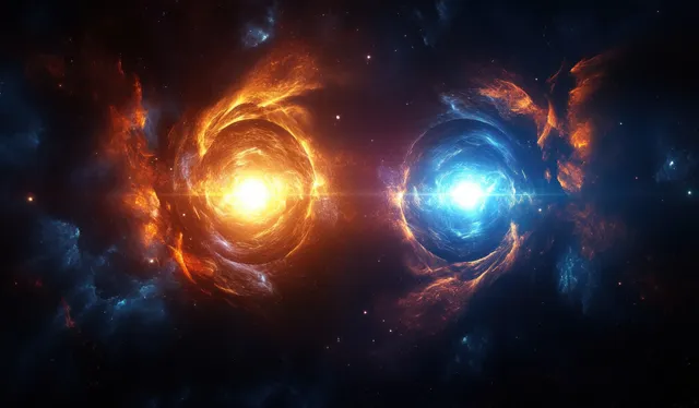 Two bright quantum orbs collide in a dark galaxy with swirling particles and fiery energy halos.