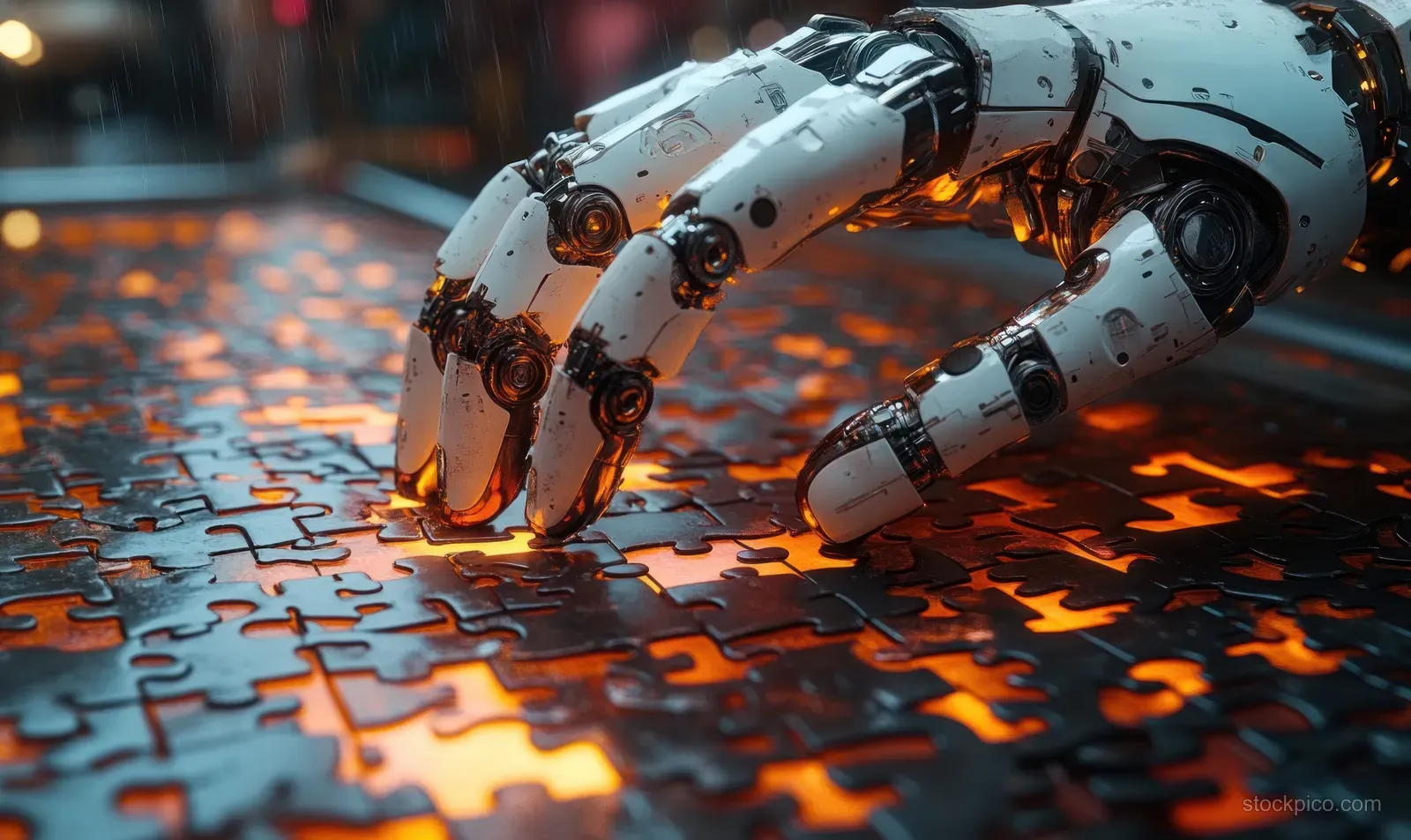 Robotic hand places a glowing puzzle piece on an illuminated puzzle grid with orange-blue light.