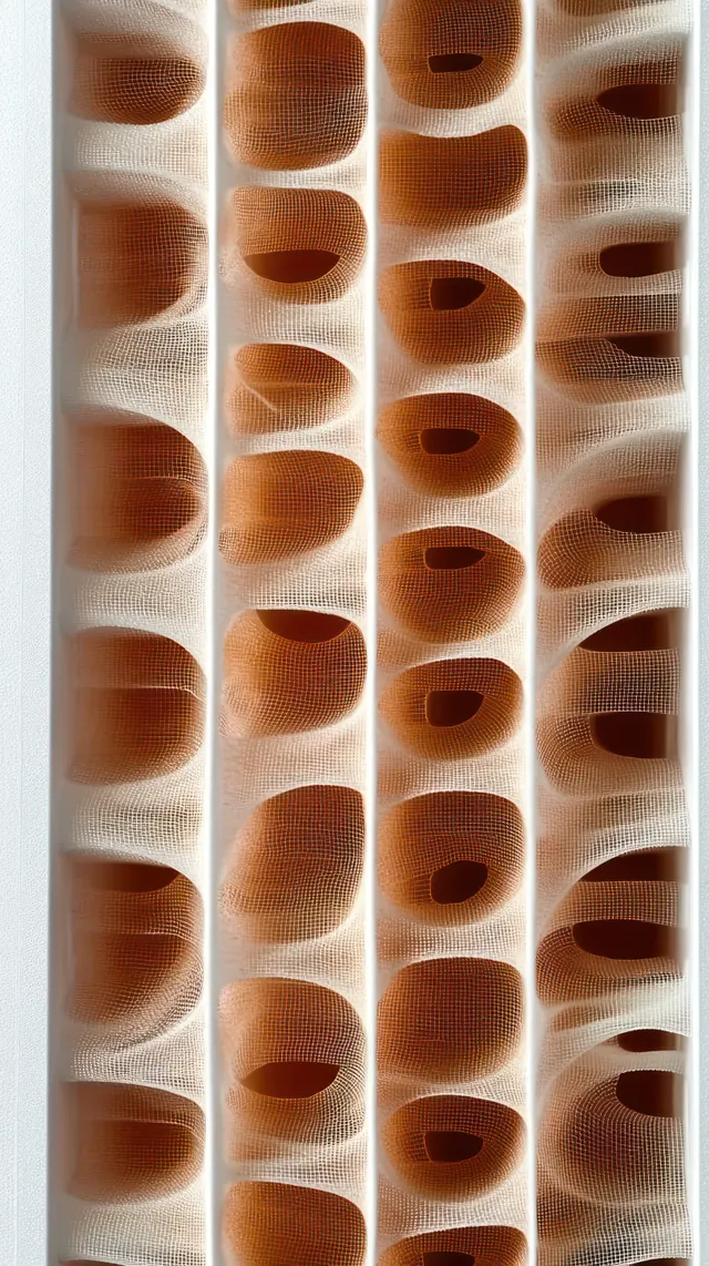 Close-up honeycomb-like tubular cells with translucent mesh texture lit in warm brown and cream.