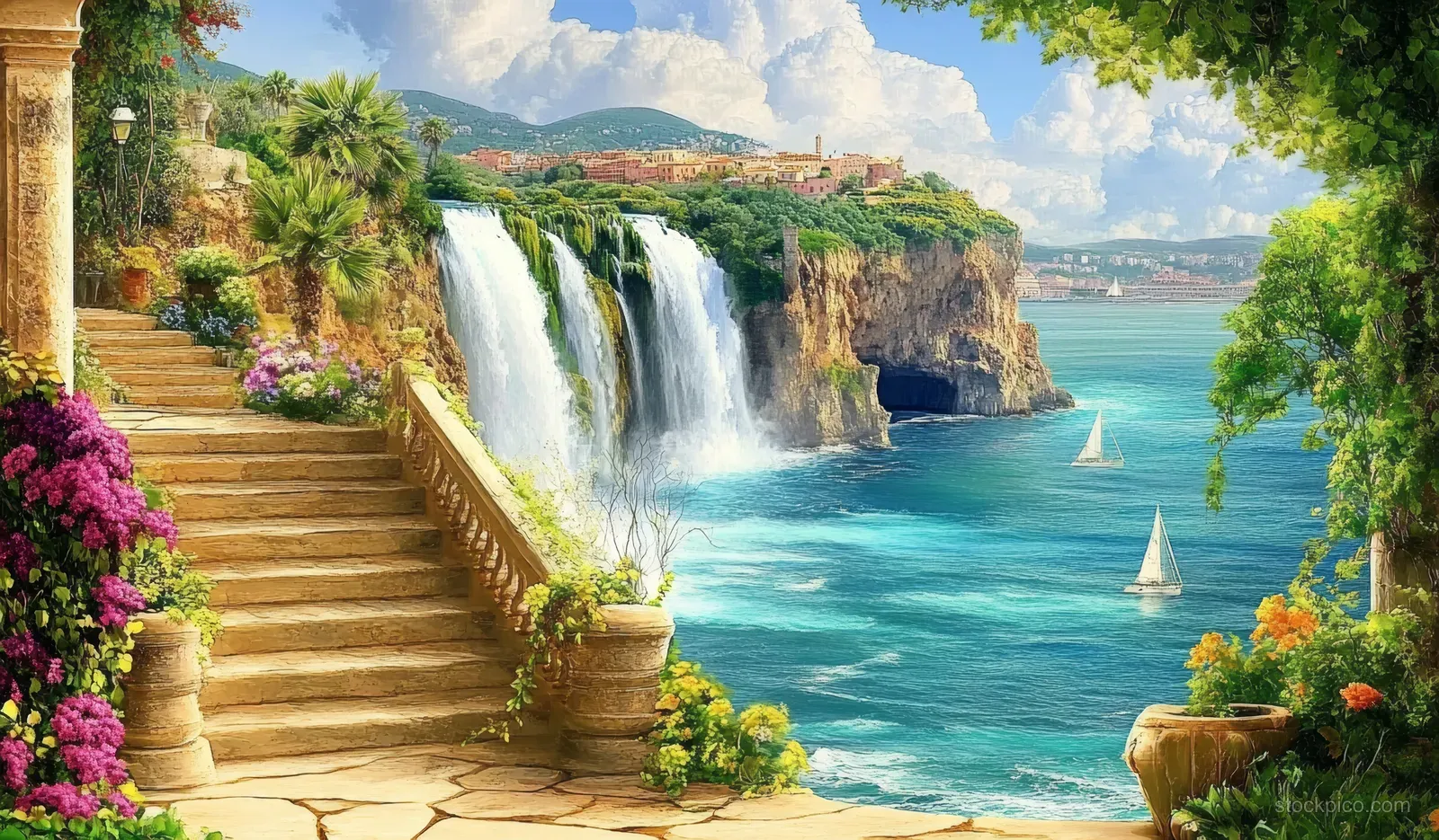 Stone steps in a Mediterranean garden lead toward a waterfall pouring into a turquoise sea with sailboats.