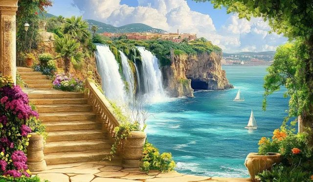 Mediterranean stone staircase garden with waterfall, flowers, and sea view