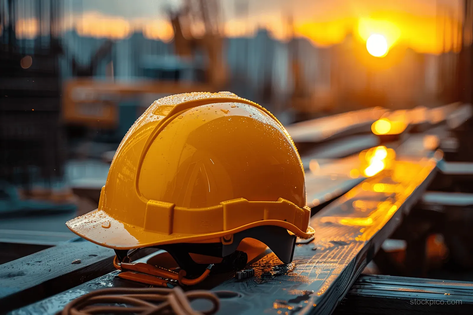 Yellow construction hard hat rests on wet steel beams with droplets under a sunset glow at a work site.