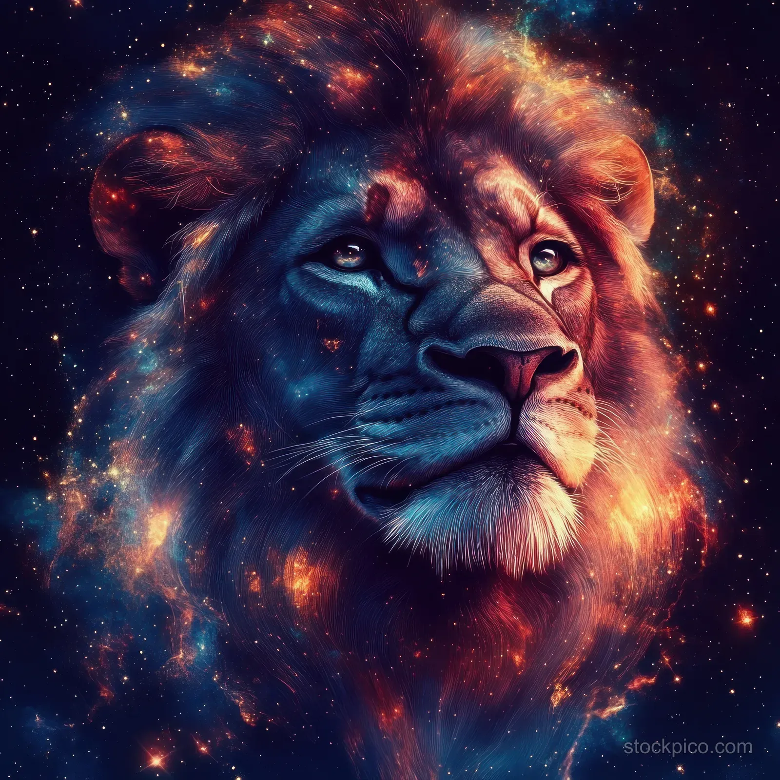 A lion head portrait glowing with cosmic light against a swirling starry nebula background.