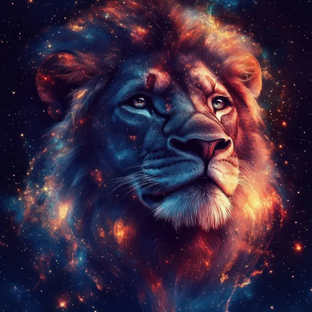 A lion head portrait glowing with cosmic light against a swirling starry nebula background.