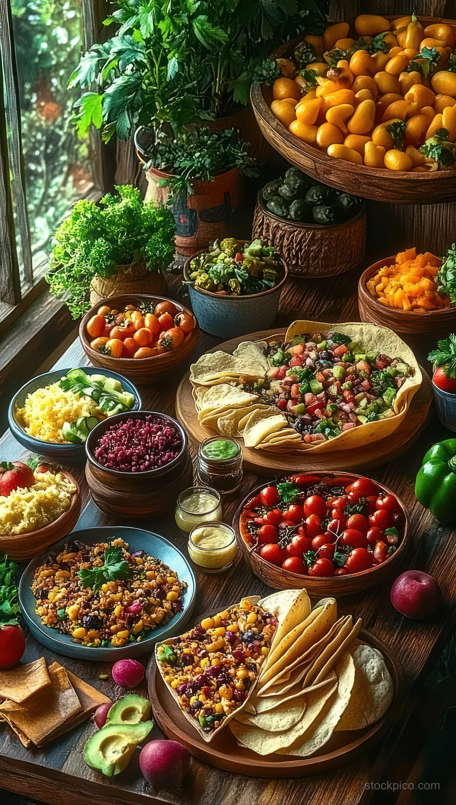 Bowls of vegetable dips and chips arranged on a wooden table beside a sunlit window with leafy green plants.