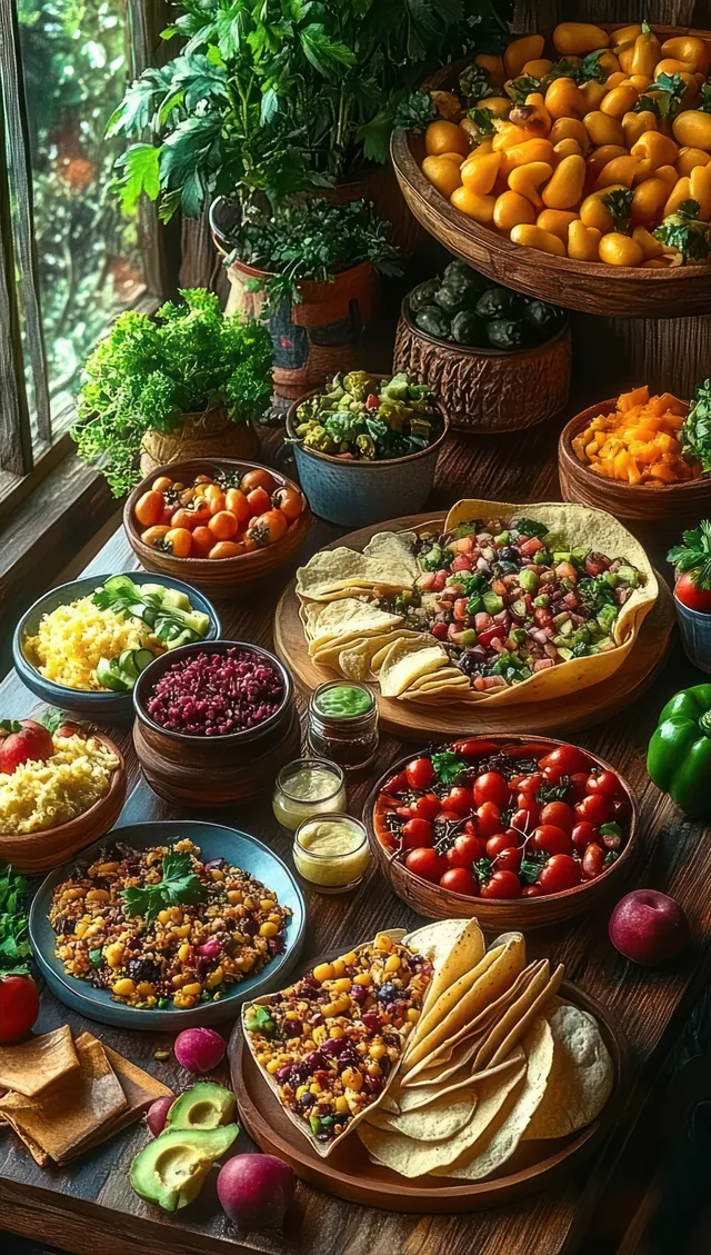 Bowls of vegetable dips and chips arranged on a wooden table beside a sunlit window with leafy green plants.