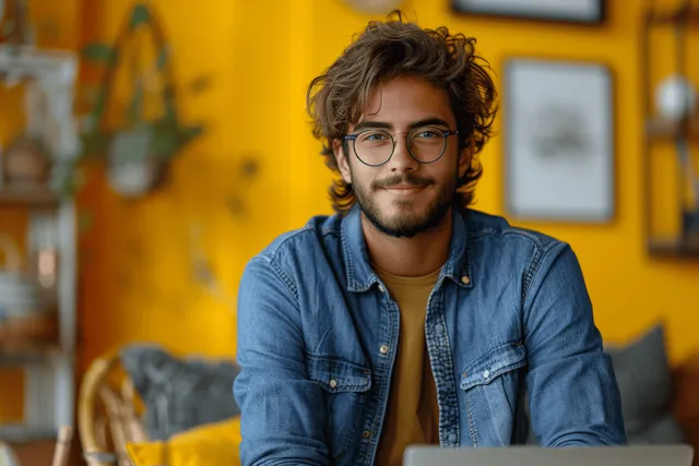 Smiling man with glasses holding a laptop in a bright yellow home office setting