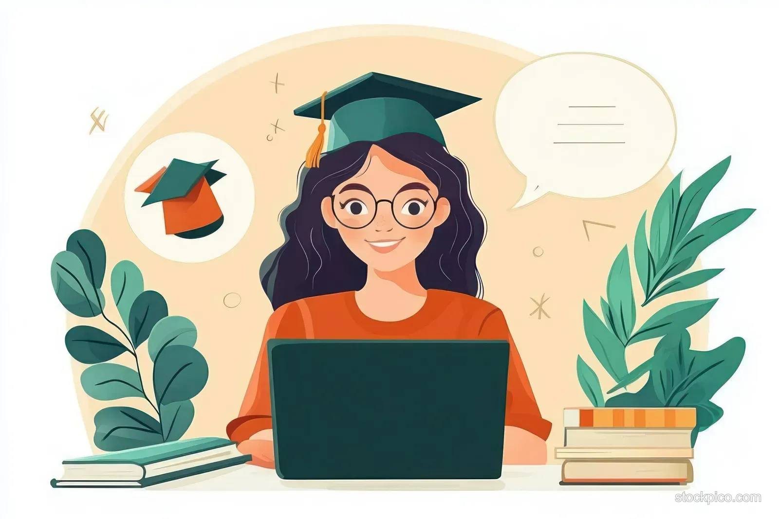 Smiling female graduate in a graduation cap works on a laptop at a desk surrounded by books and plants with speech bubbles.