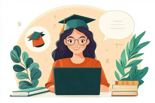 Smiling female graduate in a graduation cap works on a laptop at a desk surrounded by books and plants with speech bubbles.