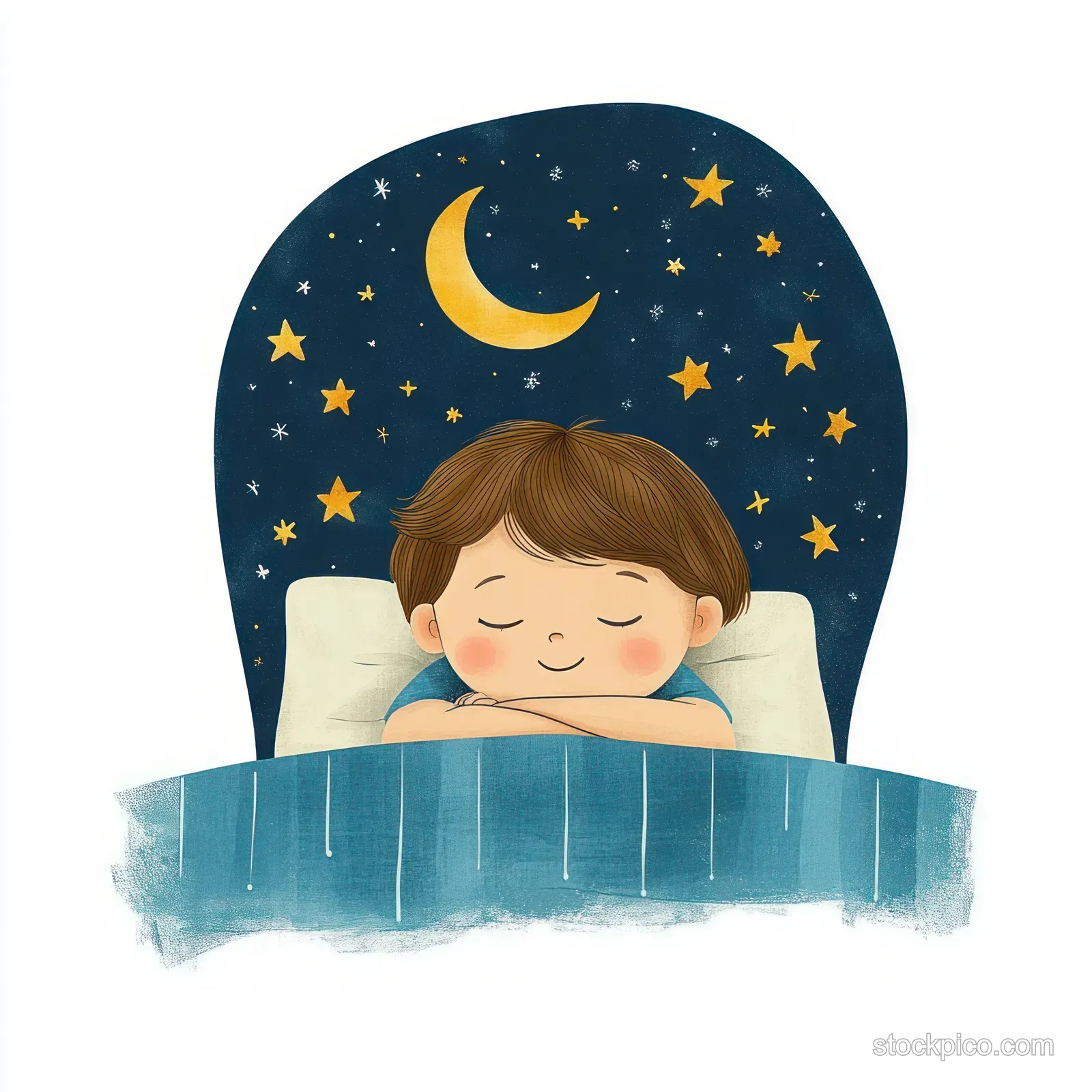 A sleeping child rests in bed beneath a starry night sky with a bright moon overhead.