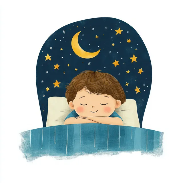 A sleeping child rests in bed beneath a starry night sky with a bright moon overhead.