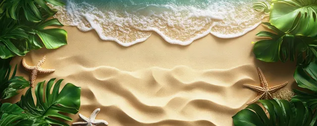 Top view of a tropical beach with sand ripples, ocean waves, a starfish, and green leaves framing the edge.