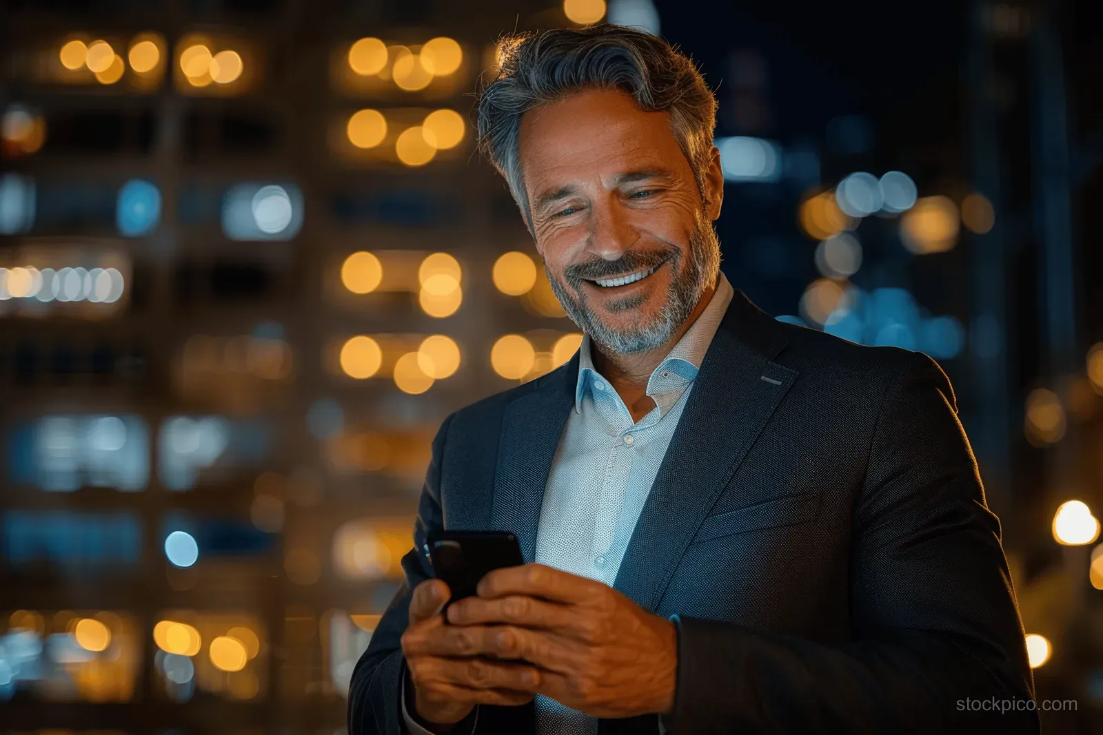 A gray-bearded businessman in a suit holds a smartphone outdoors at night with illuminated city buildings behind him.