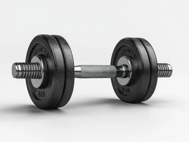 Black metal dumbbell with textured grip handle isolated on a white background.