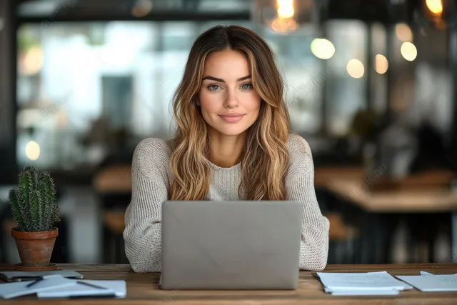 Mature business woman smiling while working on a laptop at a wooden desk