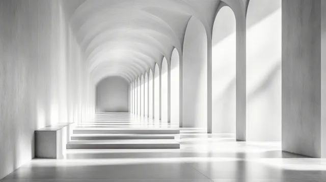 Empty minimalist corridor room with geometric arches, soft light bands, and long shadows
