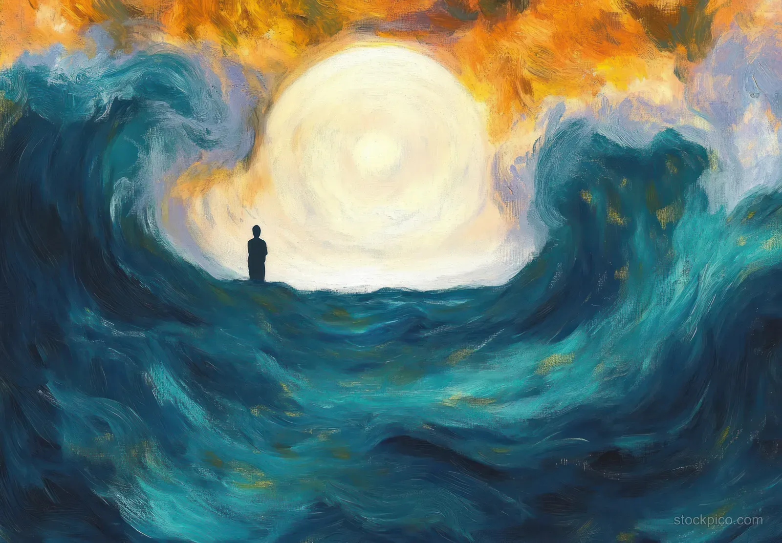 A lone silhouette stands on ocean waves under a glowing sun with fiery orange skies swirling around.