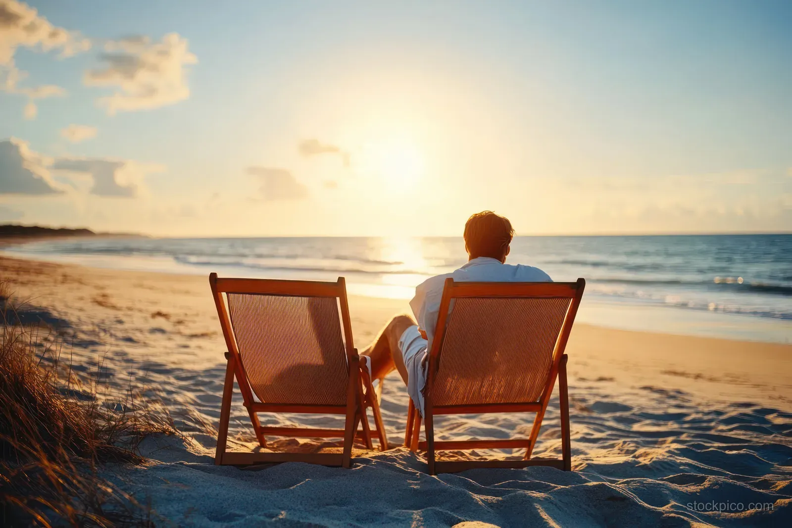 A lone person sits in wooden beach chairs watching a golden sunset over calm ocean waves on sandy beach.