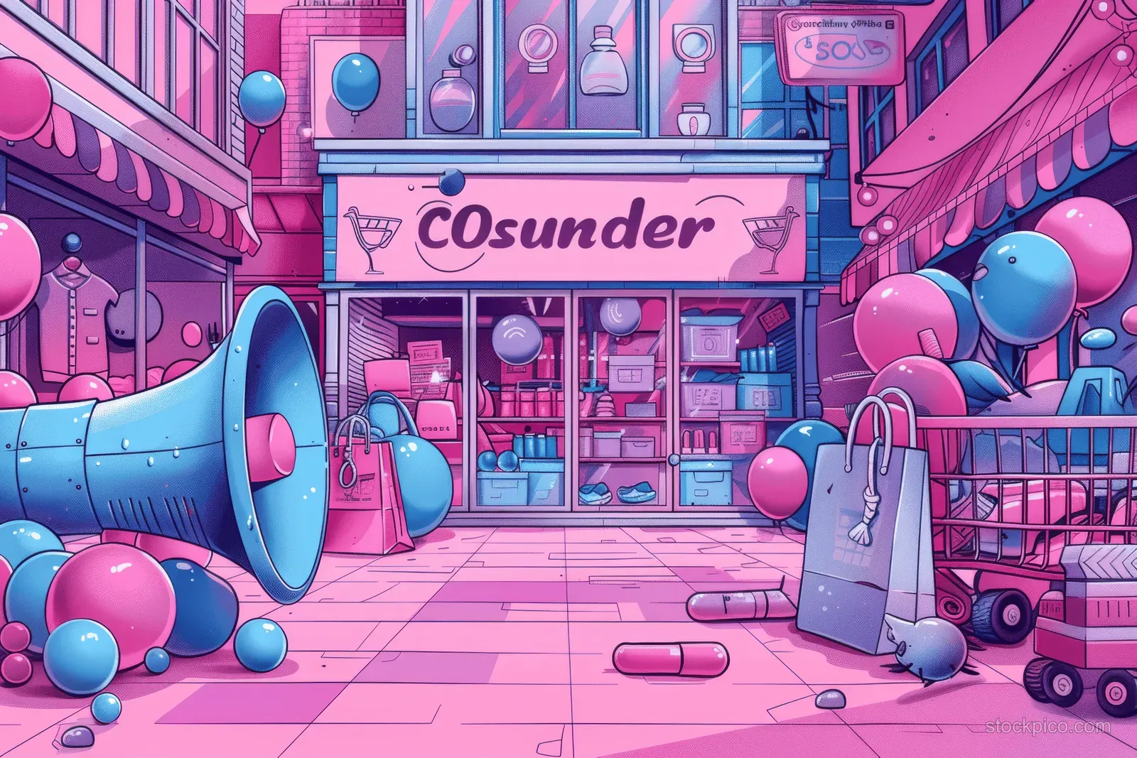 Neon shopping street with a large megaphone, floating coupon badges, and cart items near storefronts.