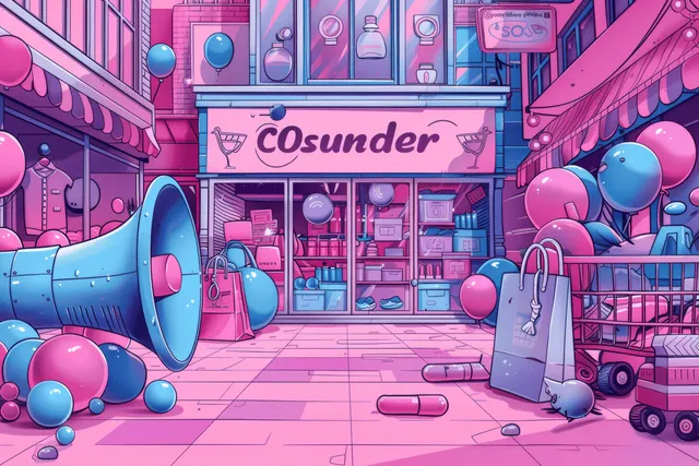 3D megaphone and coupon icons in a neon shopping street promotion scene