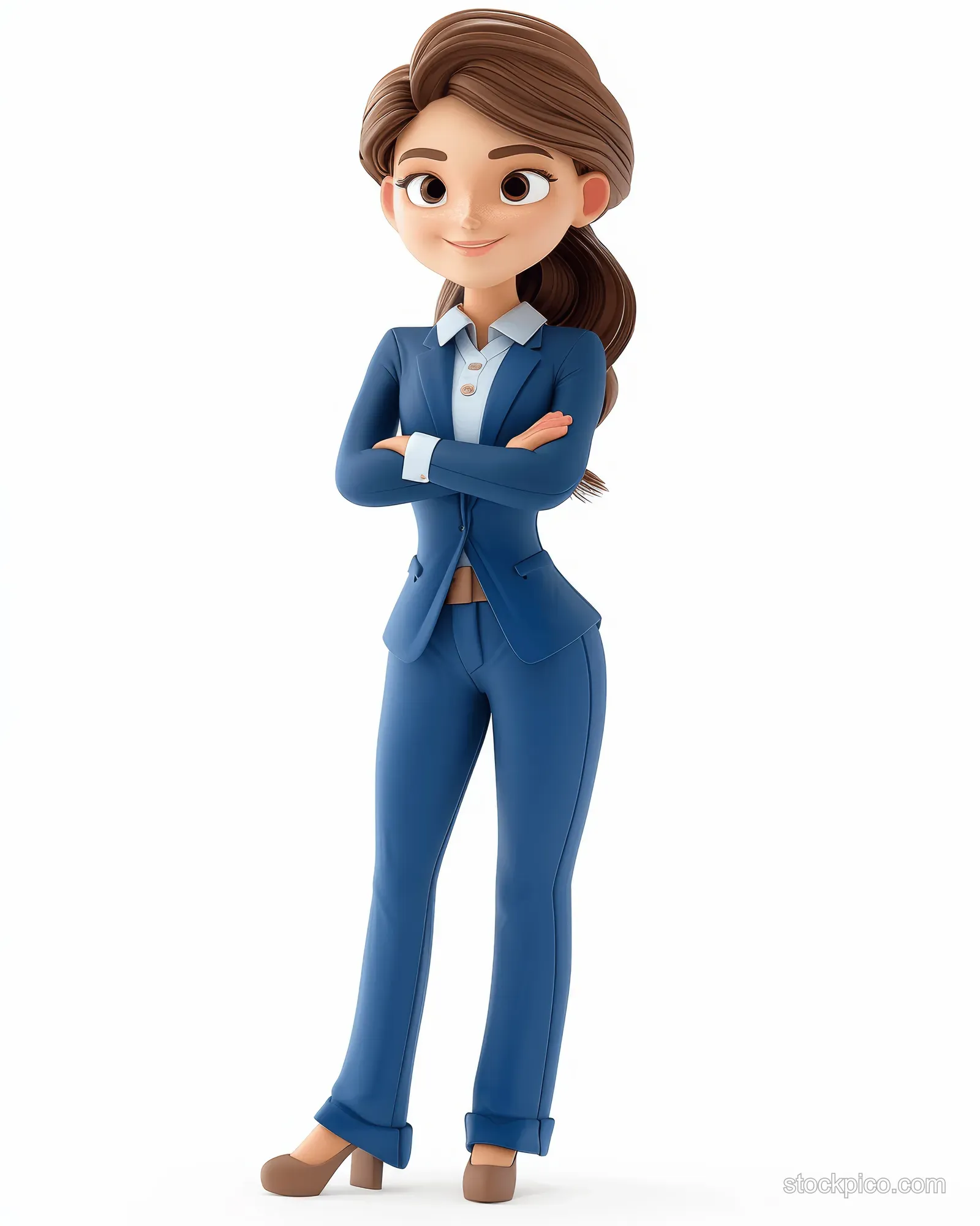 Smiling 3D cartoon businesswoman in a blue suit presents with crossed arms on a white background.