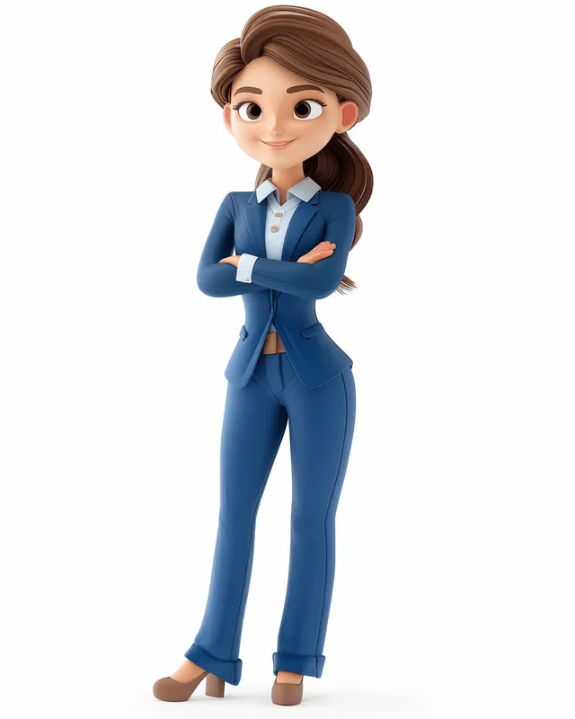 Smiling 3D cartoon businesswoman in a blue suit presents with crossed arms on a white background.