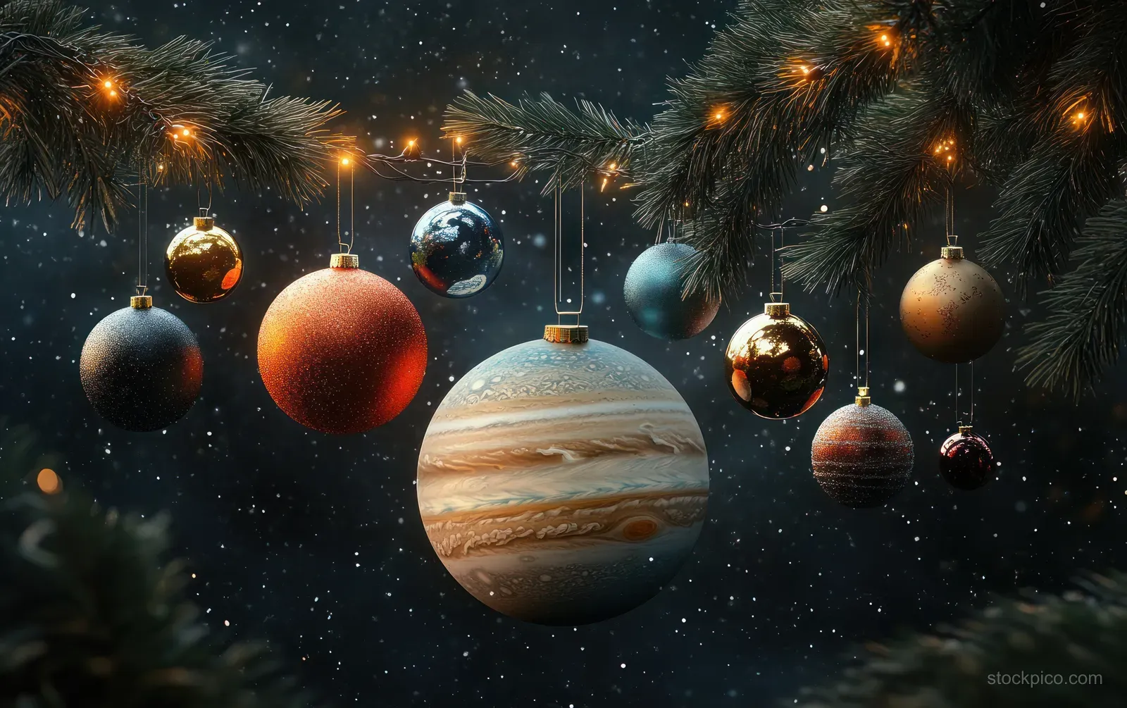 Glowing planet and comet-shaped Christmas ornaments hang from frosty pine branches against a dark space background.