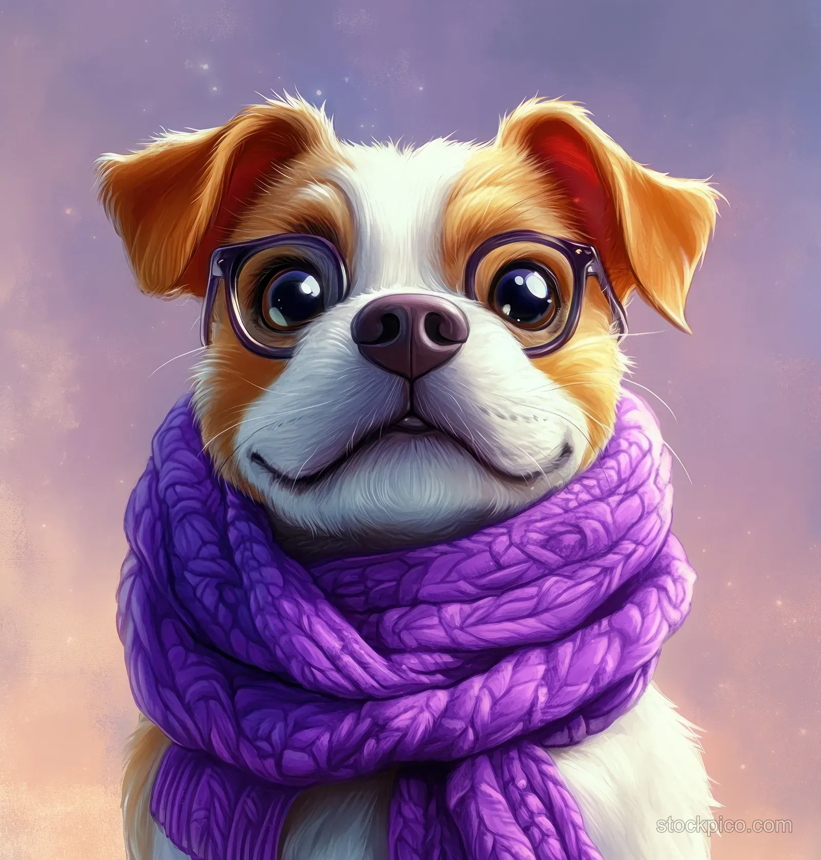 French bulldog character wearing violet sunglasses and a purple knitted scarf in a centered portrait.