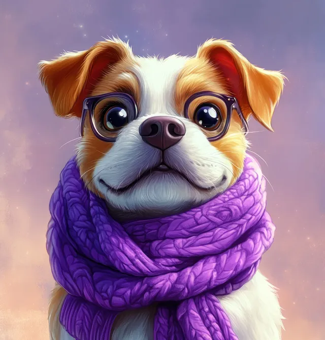 French bulldog character wearing violet sunglasses and a purple knitted scarf in a centered portrait.